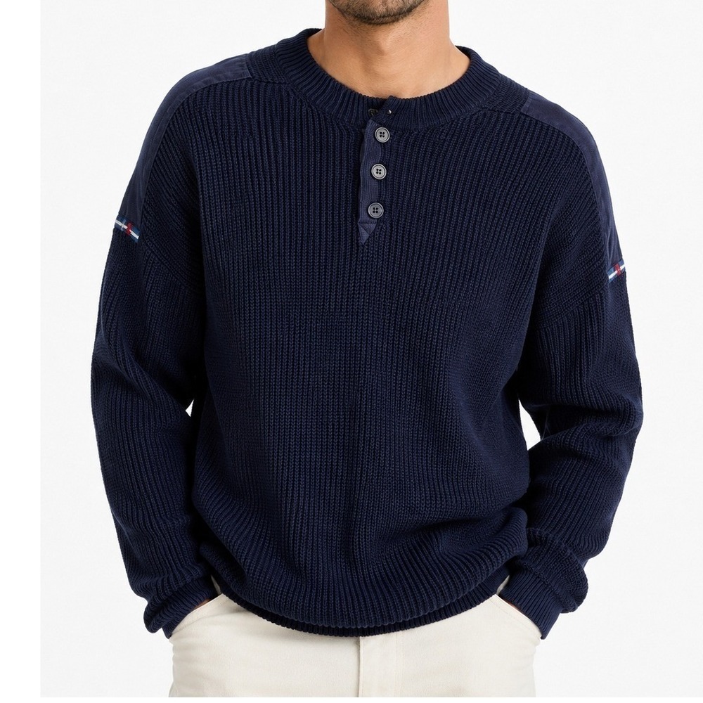 Men's Navy Wool Blend Henley Sweater XL Textured Knit Pullover Made in Spain